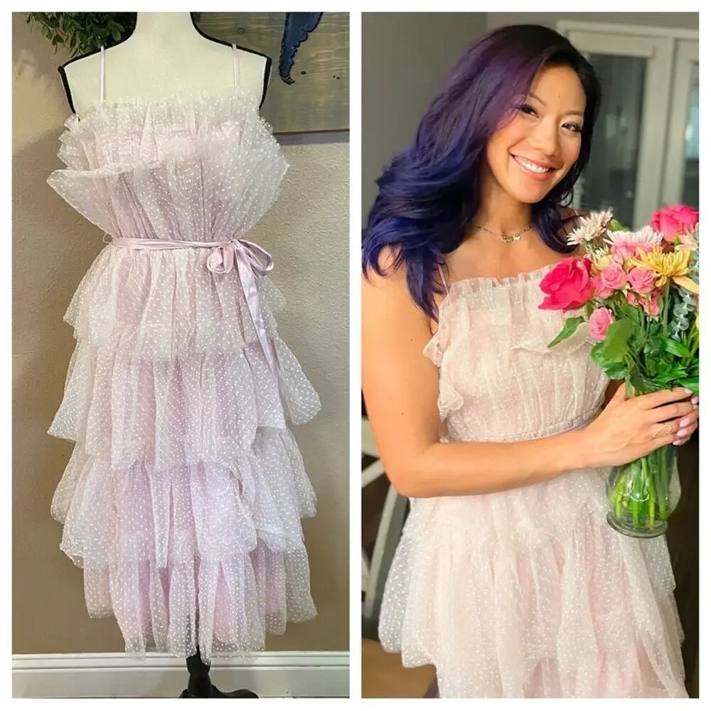 NWOT Lulus Wishing for Whimsy Blush Pink Swiss Dot Ruffle Tiered Midi Dr… - Picture 2 of 11